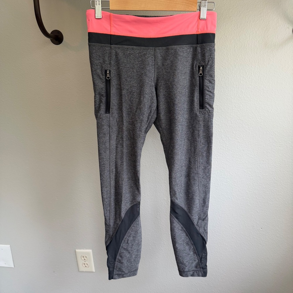 Lululemon Gray coral Waistband Crop Leggings Zipper Pockets Size 6 *see flaw